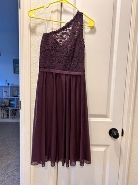 David's Bridal Plum One-Shoulder Lace Midi Dress